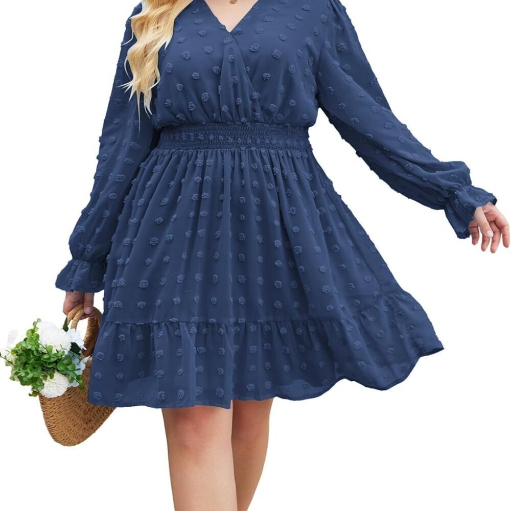 Women's Plus Size Swiss Dot Chiffon Midi Dress Long Sleeve V Neck Flowy